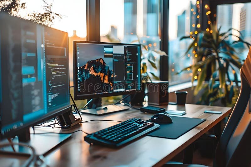 Modern Home Office Workspace Dual Monitors Code Stock Photos - Free & Royalty-Free Stock Photos from Dreamstime